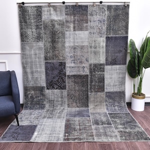 7x10 Vintage Patchwork Rug, Faded Living Room Rug, Traditional Rug, Gray Black Color, Handmade Rug