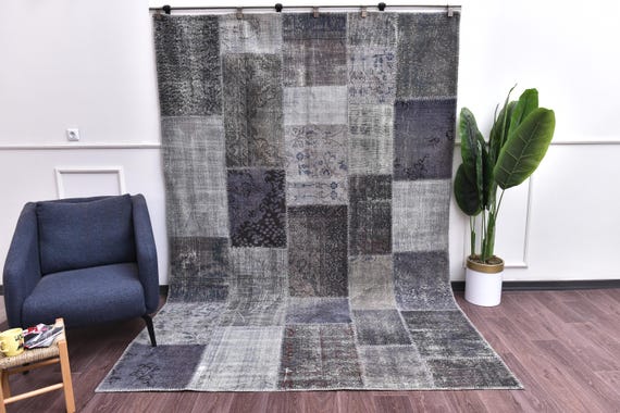 7x10 Vintage Patchwork Rug, Faded Living Room Rug, Traditional Rug, Gray Black Color, Handmade Rug