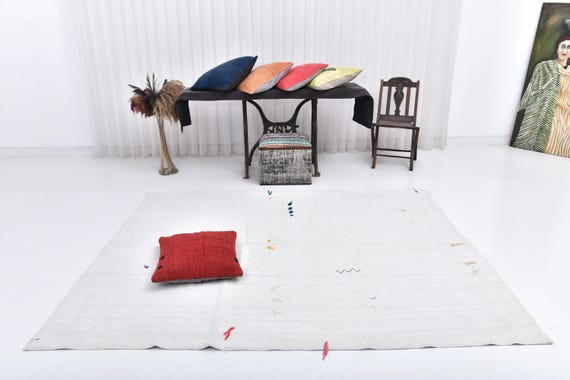 6x8 White & Black Vintage Runner Rug, 6x8 Vintage Runner, 6x8 Rug, Natural Handmade Hemp, 6x8 Runner Rug, Hemp Runner, Rug For Bohemian Hall