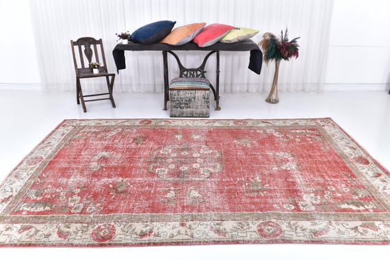 Antique Vintage Turkish Rug, 7x10 Oversize Rug, 7x10 Farmhouse Style Rug, Extra Large Area Rug, 1962's Rug, Aesthetic Mid-Century Carpet