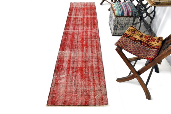 2x9 Red & Burgudy Vintage Runner Rug, 2x9 Vintage Runner, Wool Handmade Oushak, 2x9 Rugs, Camouflage Abstract Style, Rug For Entrway 55s