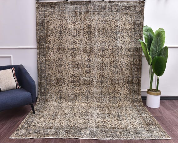 7x10 Vintage Faded Rug, Handmade Traditonal Rug, Oriental Area Rug, Salmon Beige Rug, Boho Farmhouse Rug