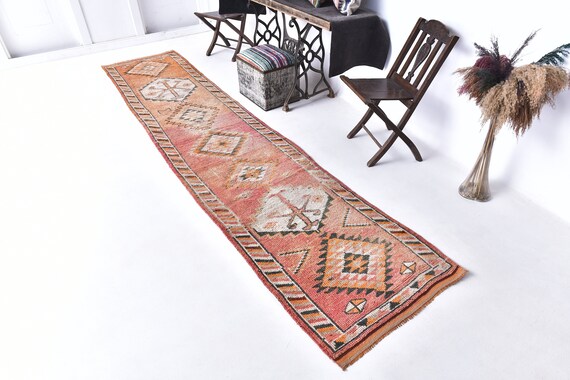 3x13 HERKI VINTAGE RUNNER Rug- 3x13 Vintage Runner - Aesthetic Handmade Wool Rug - 3x13 Rugs - Shades Of Pink & Orange Rug- Rug For Hallway