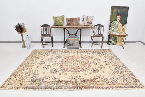 7x10 Area Rug, 7x10 Floral Vintage, 7x10 OVERSIZE CLASSIC VINTAGE Rug, 7x10 Wool Handmade Turkey 7x10 Rugs Shades Of Beige / Brown Rugs 59s