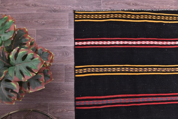 3x5 Authentic Accent Kilim Rug, 3x5 Black Gold Color, Handmade Oriental Rug, 3x5 Area Rug, Vintage Prayer Rug, 3x5 Turkish Kilim Rug
