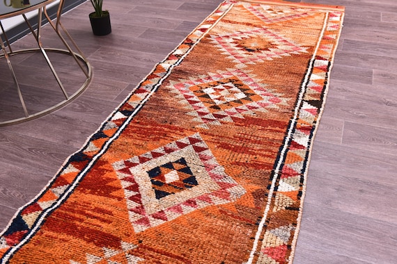 3x11 Vintage Soft Runner Rug, Peach Color, Handmade Wool, 3x11 Hallway Kithcen Rug, 3x11 Soft Wool Rug, 3x11 Traditional Runner Rug, Decor