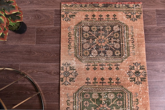 3x10 Vintage Turkish Runnner Rug, Peach Green Color, 3x10 Kithcen Entryway Runner Rug, 3x10 Handmade Wool, 3x10 Geometric Runner, 3x10 Rug