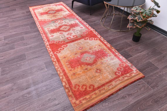 3x10 Vintage Soft Peach Herki Runnner Rug, 3x10 Handmade Wool, 3x10 Geometric Medallion Runner, Peach Cream Color, 3x10 Hallway Runner Rug,