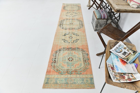 2x12 Rugs, 2x12 Vintage Runner, 2x12 TURKISH VINTAGE RUNNER Rug, 2x12, Vintage Runner Rug, Oushak Handmade Rug, 3x12 Runner, Peach Red Rugs