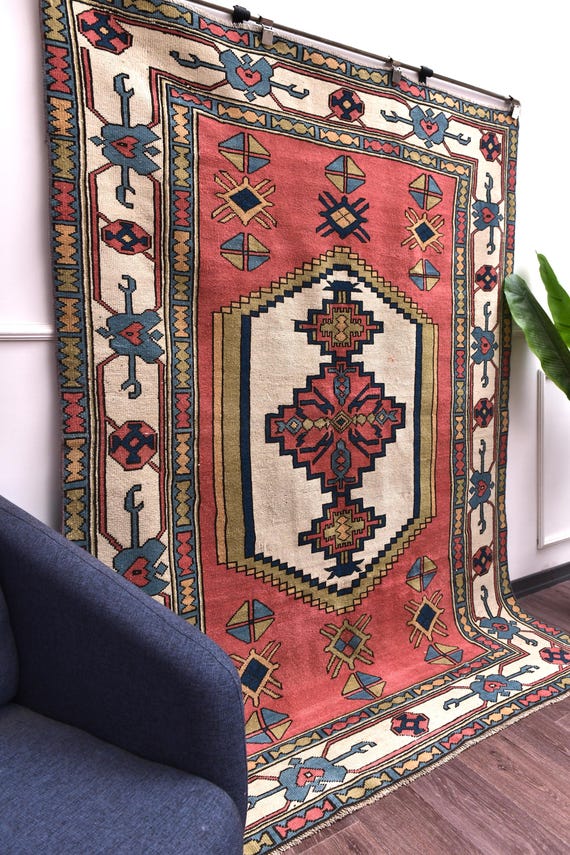 5x8 Vintage Turkish Milas Area Rug, Living Room Dining Room Rug, Traditional, Red Ivory Color