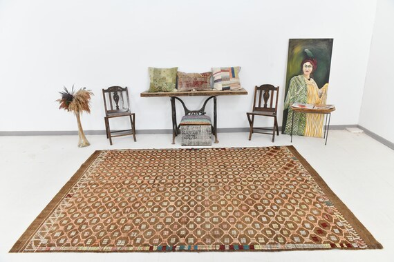 7x10 Area Rug, 7x10 Persian Kilim, 7x10 Brown & Salmon Boho Kilim Rug, 7x10, Wool Handwoven Kilim, 7x10 Persian Rug, Rug For Farmhouse Room