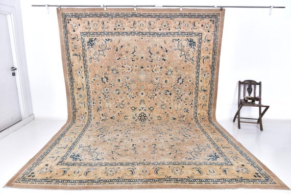 10x14 Cream Blue Oversize Persian Rug, Extra Large Area Rug, 10x14 Rugs, Handmade Wool Persian Rug, 10x14 Persian Rug, Rug For Living Room