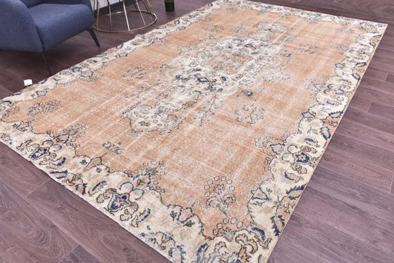 7x11 Vintage Faded Turkish Rug, Peach Blue Cream Rug, 7x11 Medallion Rug, 7x11 Rugs,  Living Room Kithcen Rug, 7x11 Handmade Rug, Area Rugs