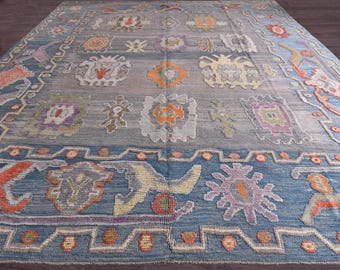 10x14 Antique Rare Turkish Area Rug, 10x14 Handmade Special Weave, Wool Jute Material, 10x14 Blue Vintage Rug, EthnicPattern, 10x14 Area Rug