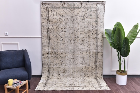 5x8 Neutral Vintage Faded Handmade Wool Rug, Outlet
