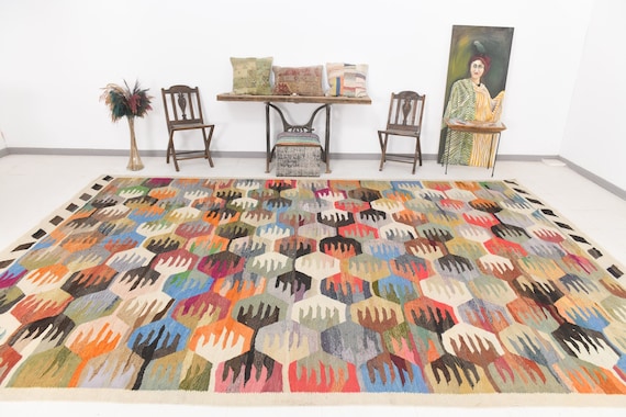 Area Rug 10x14, 10x14 Kilim Rug, 10x14 Oversize & Oversized Kilim Rug, Shades Of Multicolor Kilim, Oversize Kilim Rug, Large Area Rug, 60s