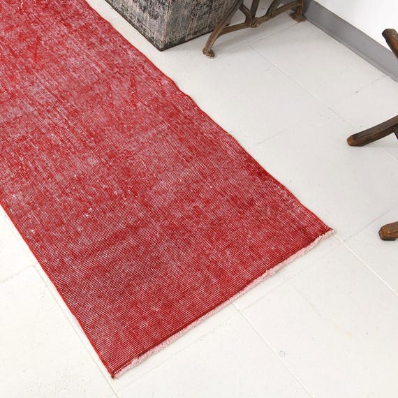 2x8 Distressed Red Runner Rug, 2x8 Oushak Handmade Rug, Red Pastel Vintage Rug, 2x8 Vintage Runner, Rug For Entrway 60s