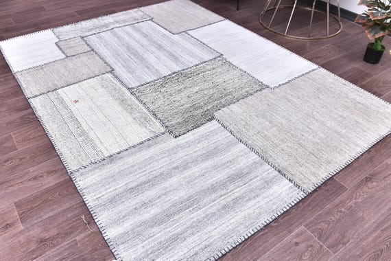 6x8 Vintage Kilim Patchwork Rug, Gray White Color, 6x8 Handmade Wool Jute Rug, 6x8 Living Room Bedroom Rug, Tribal Kilim Rug, Farmhouse Rug