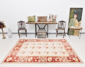 5x8, 5x8 Turkish Vintage Rug, Faded Vintage Rug, Oushak Hadmade Rug, 5x8 Area Rug, Wool Area Rug, 5x8 Rug, Neutral Color, 5x8 Vintage Rug,
