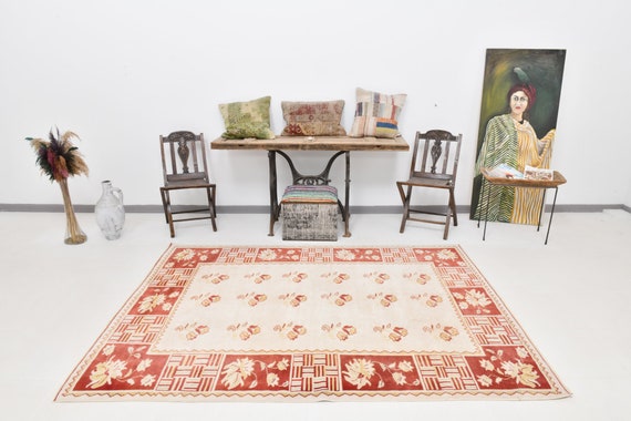 5x8, 5x8 Turkish Vintage Rug, Faded Vintage Rug, Oushak Hadmade Rug, 5x8 Area Rug, Wool Area Rug, 5x8 Rug, Neutral Color, 5x8 Vintage Rug,