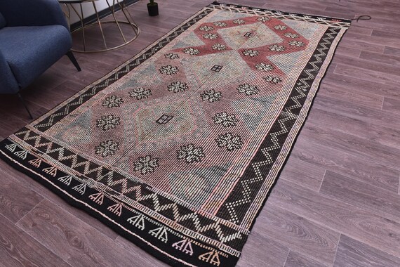 5x9 Vintage Kilim Rug, 6x9 Area Rug, Red Black Pink Color, 6x9 Handmade Wool Jute Rug, Boho Farmhouse Rug, Tribal Turkish Rug, 5x9 Kilim Rug
