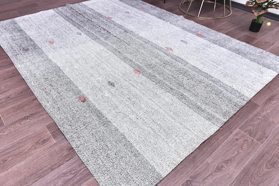 7x9 Flatweave Gray Kilim Rug, Handmade Wool Jute Kilim Rug, 7x9 White Gray Color, Authentic Kilim Rug, 7x9 Living Room Bedroom Rug
