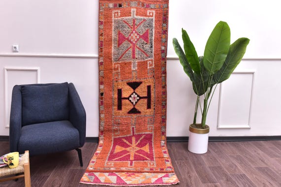 3x9 Handwoven Vintage  Runner Rug, Peach Color, Hallway Kithcen Runner, Traditional Pattern, Soft Wool Anatolian Rug