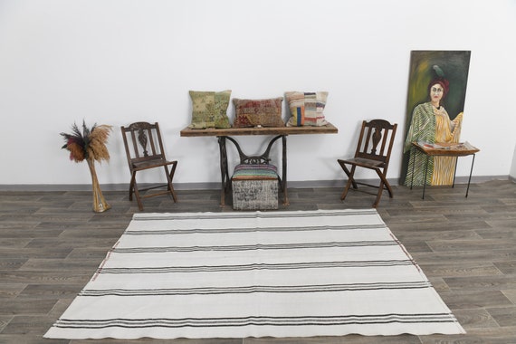 Antique Vintage Turkish Rug 6x8 Area Rug, 6x8 Hemp Rug 6x8 White & Black White Hemp Natural Handmade Hemp, Striped Bohemian Style, Anatolian