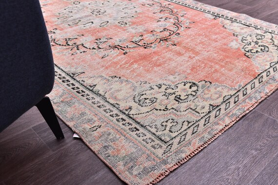 5x8 Vintage Turkish Wool Rug, Faded Terracotta Floral Design, 5x8 Handmade Wool Rug, Medallion Area Rug, Farmhouse Decor