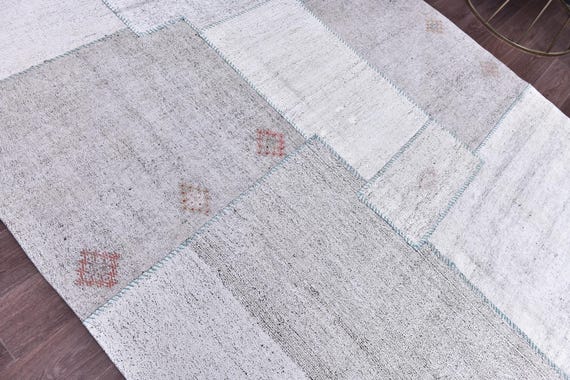 7x10 Vintage Handmade Patchwork Kilim Rug, Area Rug, Ivory Blue Color, Living Room Bedroom Rug