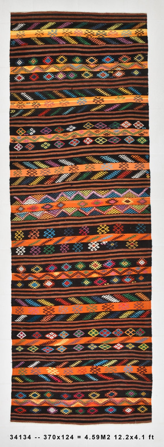 4x12 Runner Rug, 4x12 ETHNIC VINTAGE KILIM Runner Rug, 4x12, Kilim Runner, Wool Handmade Kilim, Runner Rug 4x12, Orange & Brown Kilim, 55s