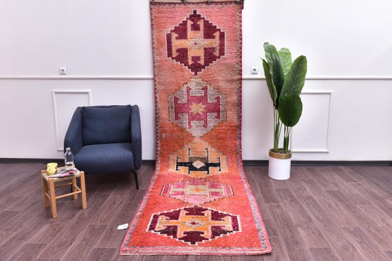 3x12 Handmade Vintage Wool Runner Rug, Rug For Hallway Kithcen, Red Taupe Color, Oriental Runner