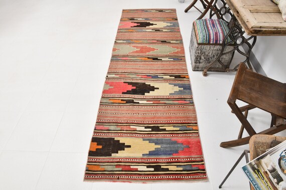 3x9 Runner Rug, 3x9 Kilim Runner, 3x9 VINTAGE KILIM RUNNER Rug, 3x9, Shades Of Green & Red Kilim, 3x9 Rugs, Wool Handmade Kilim, Anatolian