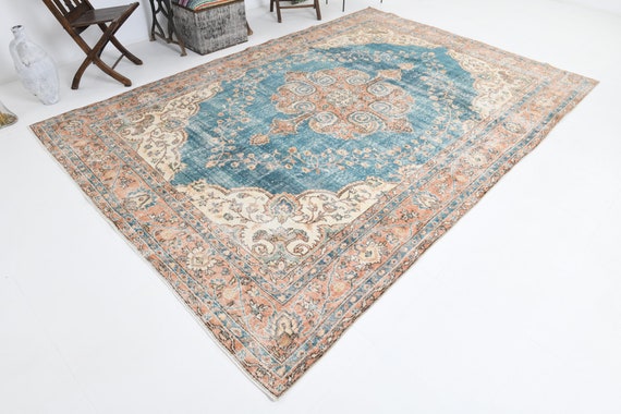 8x11 Vintage Turkish Rug, 8x11 Faded Distressed Rug, Handmade Wool Rug, 8x11 Tribal Rug, 8x11 Area Rug, Blue Rug, Medallion Rug