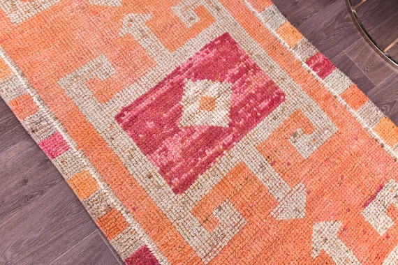 3x10 Vintage Tribal Runner Rug, Peach Red Cream Color, Handmade Soft Wool Rug, Hallway Runner Rug