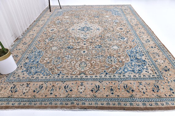 10x13 Antique Brown Unique Area Rug, Brown, Blue, Peach Color, 10x13 Handmade Wool Rug, Large Area Rug