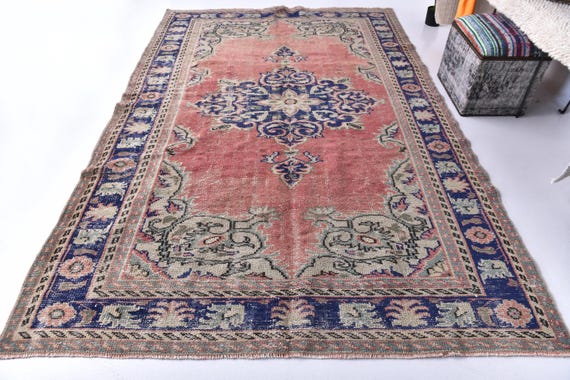 6x9 Vintage Faded Salmon Turkish Rug, Handmade Wool Rug, 6x9 Distressed Pink Blue Color, Medallion Rug, Farmhouse Rug, 6x9 Living Room Rug