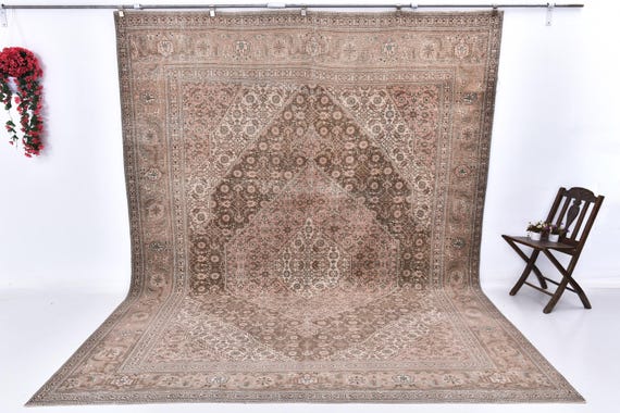 9x12 Brown and Beige Persian Rug, Oversized Persian Rug, Large Area Rug, 9x12 Rugs, Handmade Wool Rug, 9x12 Area Rug, 9x12 Persian Rug, 55s