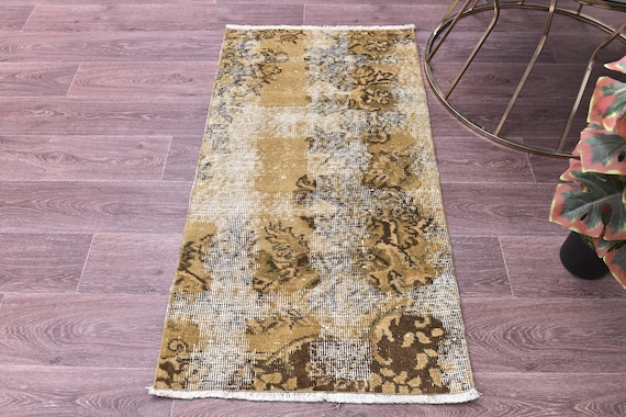 2x3 Vintage Overdyed Doormat Rug, Traditional Bath Decor, 2x3 Distressed Rug, Handmade Home Decor, Mustard Color, 2x3 Accent Rug