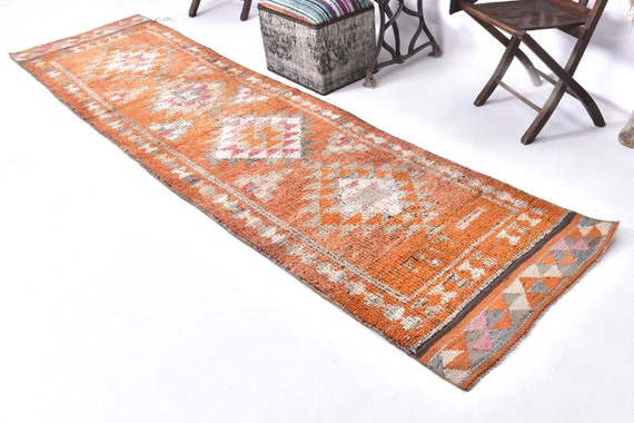 3x11 Soft Wool Vintage Runner Rug, 3x11 Vintage Runner, Rugged Long Handmade Rug, 3x11 Rugs, Orange Beige Runners, 3x11 Turkish Runner, 58s