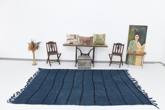 6x9 Area Rug, 6x9 Rug Modern Blue Vintage Rug, 6x9 Hemp Rug, Natural Handmade Hemp, 6x9 Turkish Rug, Striped Bohemian Style, Rug For Bedroom