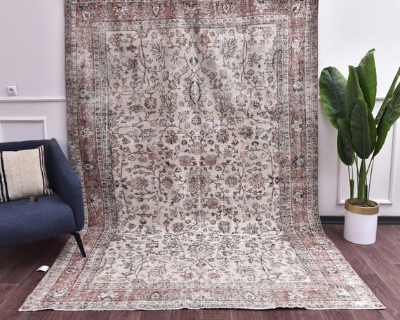 7x10 Vintage Faded Oriental Handmade Wool Room Rug, Red Cream Color, Outlet