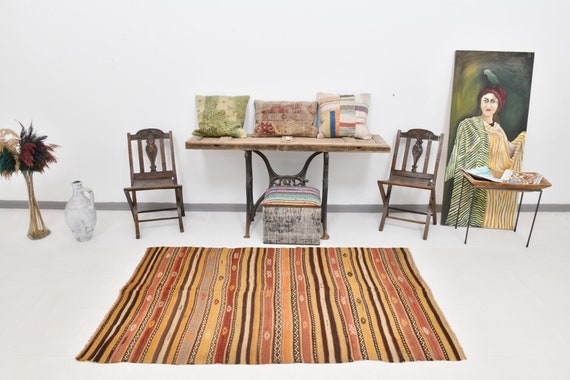 4x6 Area Rug, 4x6 Modernist Kilim, 4x6 Orange & Brown Kilim Area Rug, 4x6, Wool Handmade Kilim, 4x6 Rugs,  One Of A Kind, Rug For Kitchen