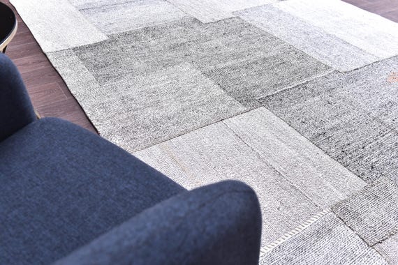 7x10 Gray Kilim Patchwork Rug, Gray Color, 7x10 Handmade Wool Jute Rug, 7x10 Living Room Bedroom Rug, Tribal Kilim Rug, Farmhouse Rug