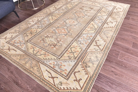 6x9 Vintage Turkish Milas Rug, 6x9 Beige Brown Color, Handmade Wool Rug, Ethnic Patterned Rug, Farmhouse Rug, 6x9 Living Room Rug Tribal Rug