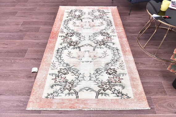 3x6 Vintage Small Accent Rug, Orange Green Color, Botanical Design, Handmade Wool,