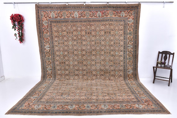 10x13 Brown & Navy Blue Persian Rug, Oversize Persian Rug Large Area Rug 10x13 Rugs Handmade Wool Rug 10x13 Vintage Rug Living Room Rug 55s
