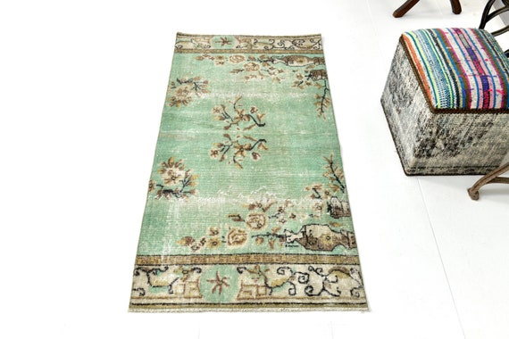 2x5 Green & Black Vintage Runner Rug, 2x5 Vintage Runner, 2x5 Rugs, Oushak Handmade Rug, 2x5, Shabby Chic Oriental Style, Rug For Kitchen
