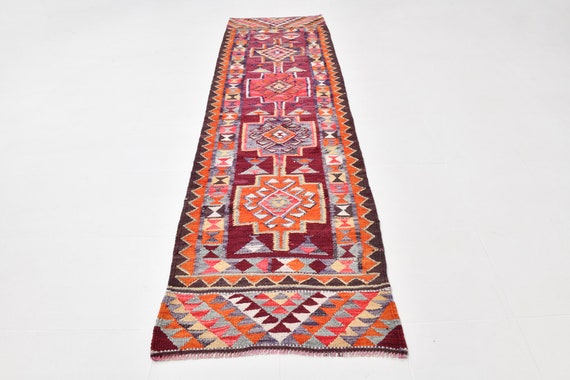 3x9 Burgundy Orange Kilim Vintage Runner Rug, 3x9 Vintage Runner, 3x9 Rug, Handmade Wool Rıg, 3x9 Runner Rug, 3x9 Turkish Runner rug, 62s