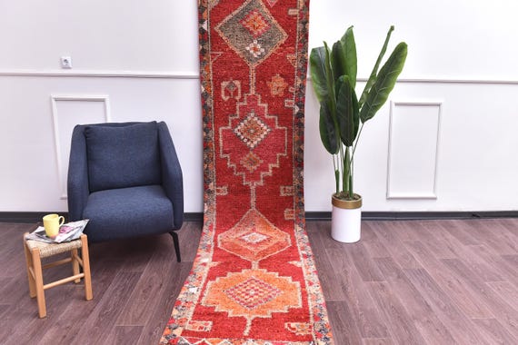 3x11 Vintage Red Runner Rug, Handmade Soft Wool, Traditional Design, Farmhouse Decor, Hallway Rug